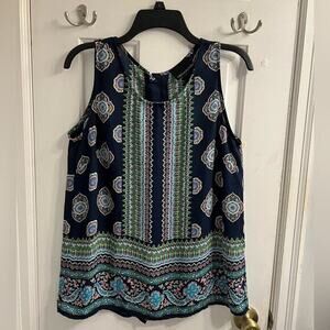 CYNTHIA ROWEY Elegant Open Back Tribal Print Summer Tank Blouse Sz M